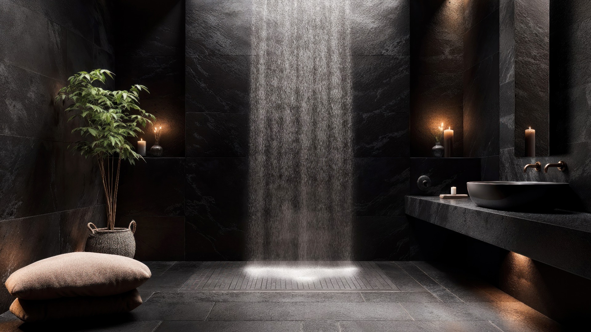 Große Dusche in einem eleganten, minimalistischen Badezimmer. Die dunkle, intime Atmosphäre lädt zur Entspannung und Selbstbeobachtung ein und bietet ein Spa-ähnliches Erlebnis zu Hause