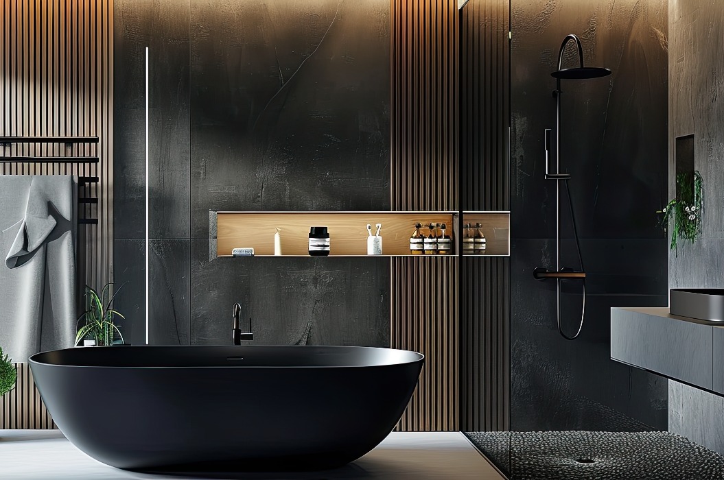 Luxus-Badezimmer mit mattschwarzer Badewanne und moderner Dusche