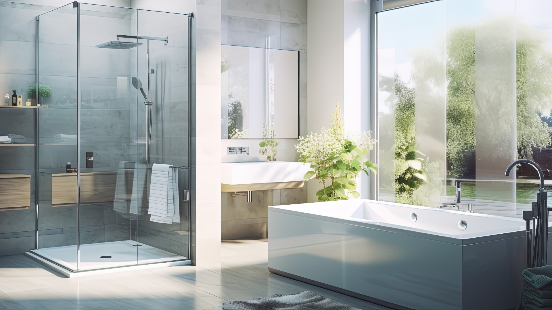 Modernes Badezimmer mit einer gefliesten Badewanne und einer klaren Duschkabine, die tagsüber von der Sonne beleuchtet wird.