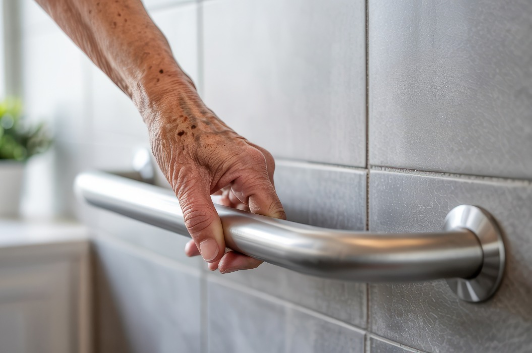 Sicherheitslösungen für ältere Menschen in der Dusche. Eine Hand, die sich an einem Haltegriff im Badezimmer festhält, um Halt und Sicherheit zu gewährleisten.