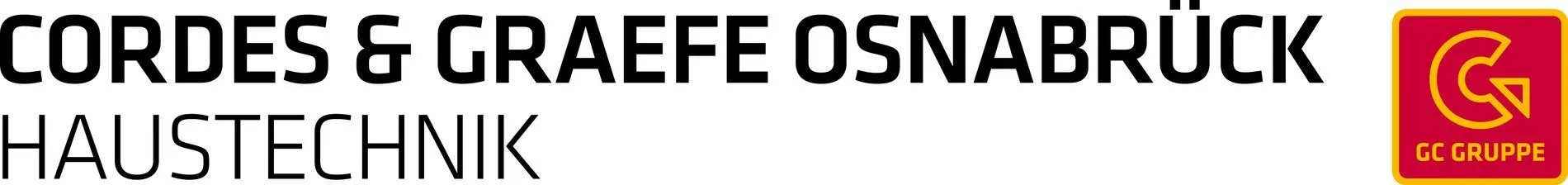 Schwarzer Text Cordes Graefe Osnabrück Haustechnik mit gelbem Logo auf Rot