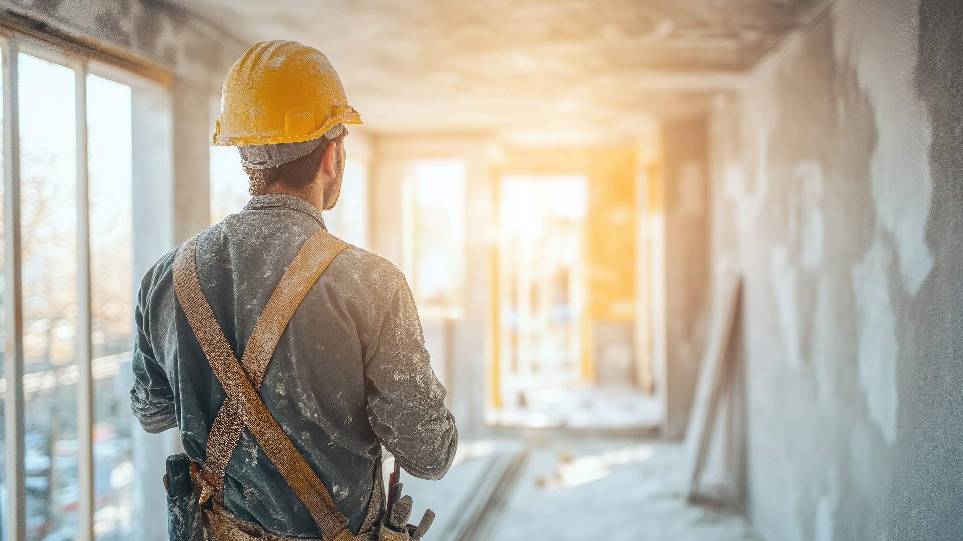 Bauarbeiter in Arbeiter Overall Verputzen Wände und Decken in Mehrfamilienhaus mit Float und Gips für Finishing Works