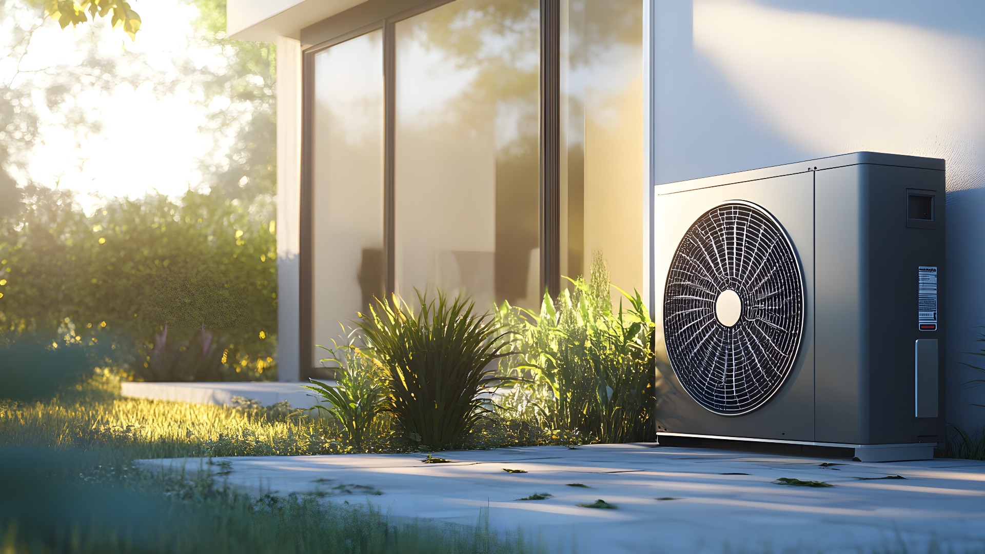 Ein hochauflösendes, ultra-realistisches Foto einer Außenwärmepumpe, die an der Seitenwand eines modernen Hauses montiert ist