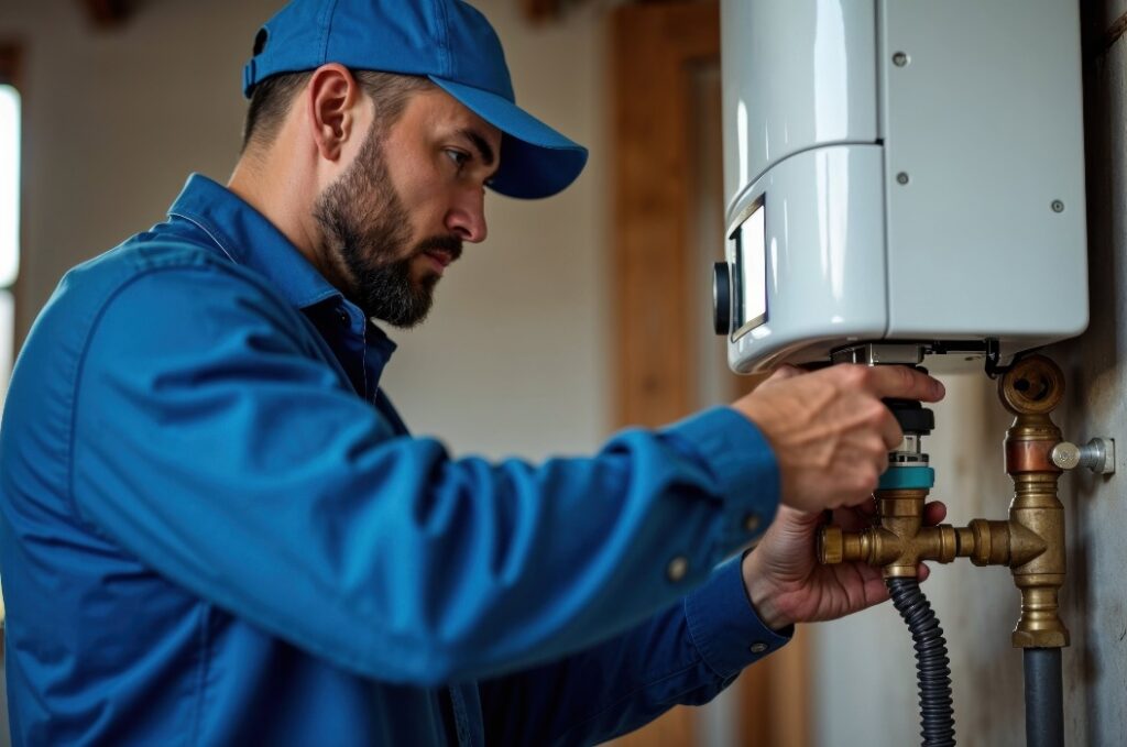 Ein Mann ist gerade dabei, einen Wasserboiler in einem Haus zu reparieren