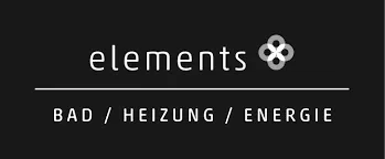 Das Logo von elements auf schwarzem Hintergrund mit weißer Schrift und Blütensymbol