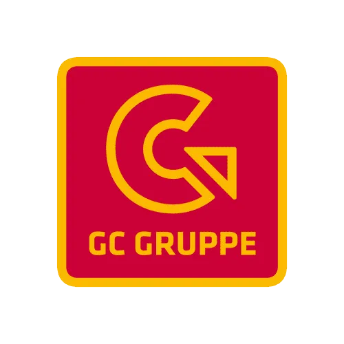 Rotes quadratisches Logo mit gelbem stilisiertem G und einem Pfeil, darunter gelbe Schrift GC GRUPPE