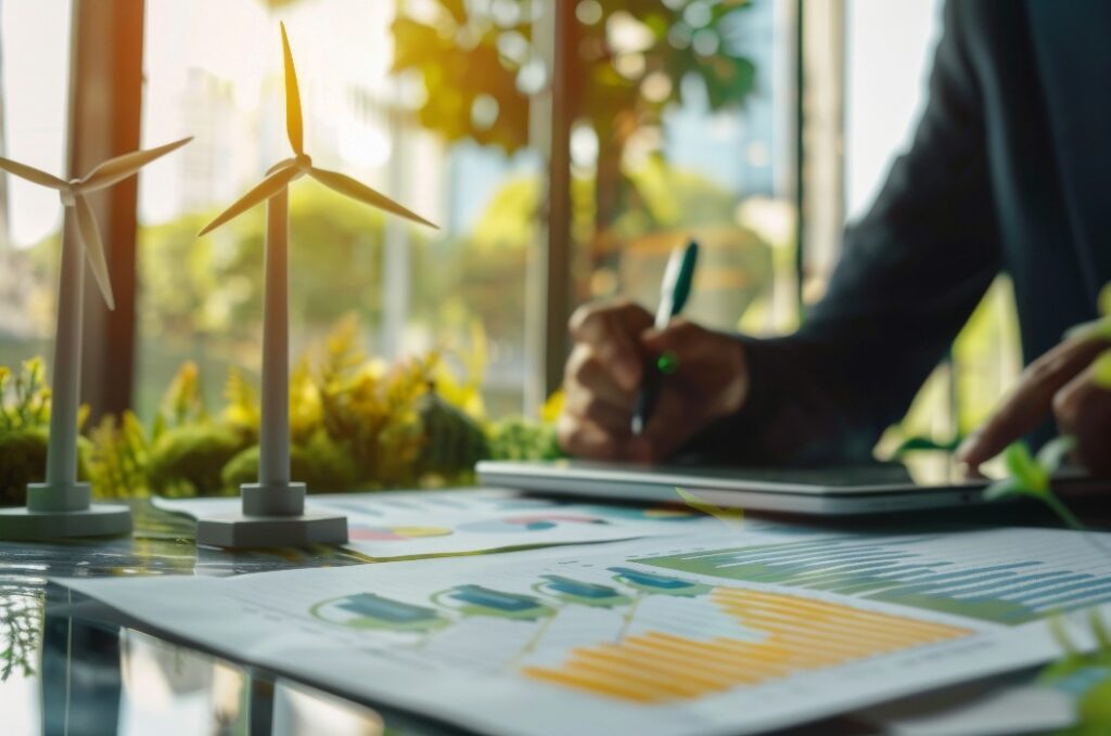 Geschäftsmann, der Daten zu grüner Energie mit Windturbinenmodellen analysiert