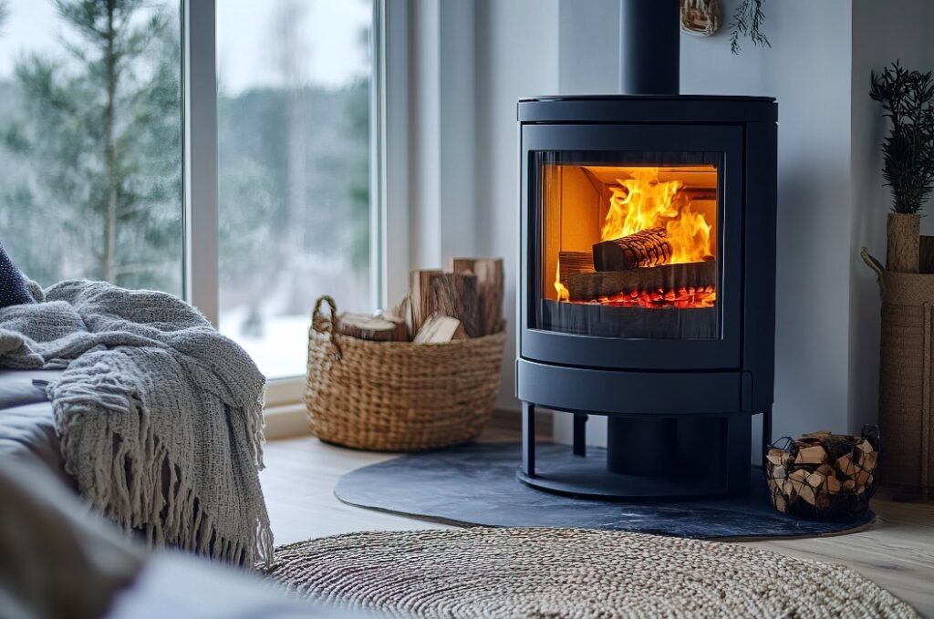 Holzpellet-Ofen in einem gemütlichen Wohnzimmer