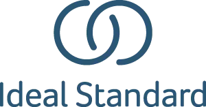 Das Logo von Ideal Standard in Blau mit zwei verschlungenen Kreisen über dem Schriftzug