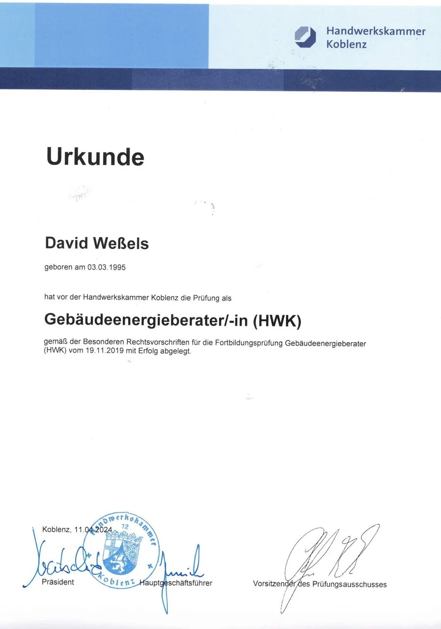 Eine Urkunde mit blauem Handwerkskammer-Logo und dem Namen David Weßels