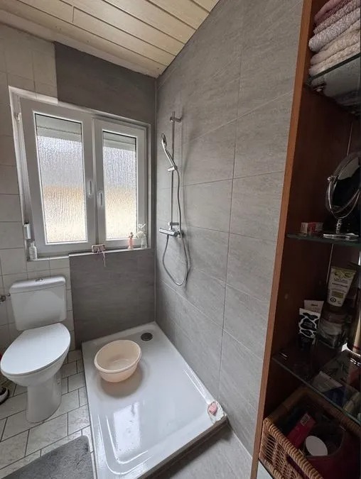 Eine moderne Dusche mit grauen Fliesen neben einem weißen WC und Regal