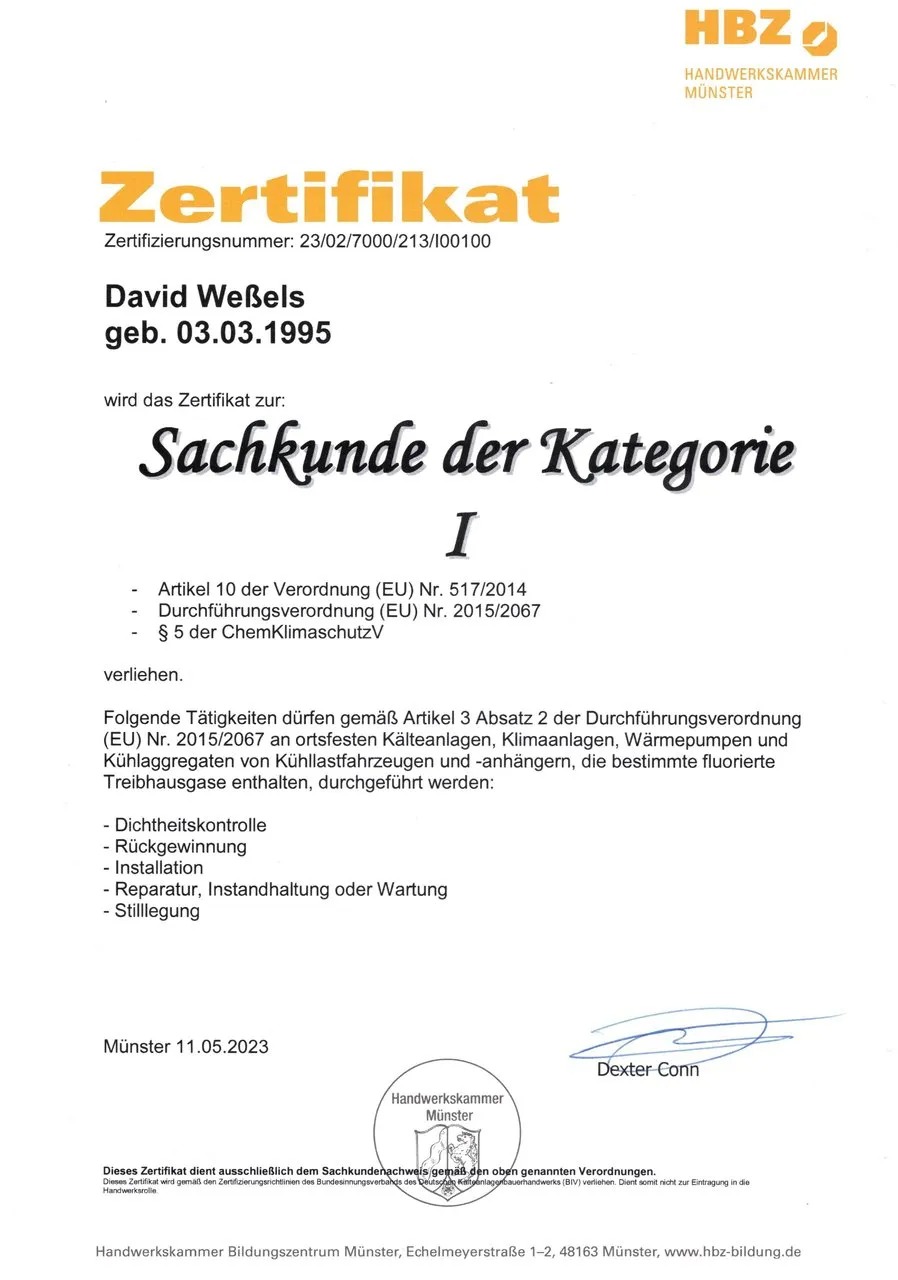 Zertifikat mit offiziellem Stempel für David Weßels in deutscher Sprache auf weißem Papier