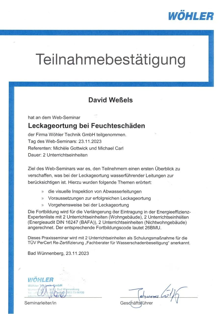 Teilnahmebestätigung für David Wesels mit blauem Rahmen und Wöhler Logo