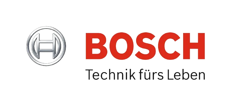 Bosch Logo in Rot und Silber mit rundem Symbol und Schriftzug Technik fürs Leben