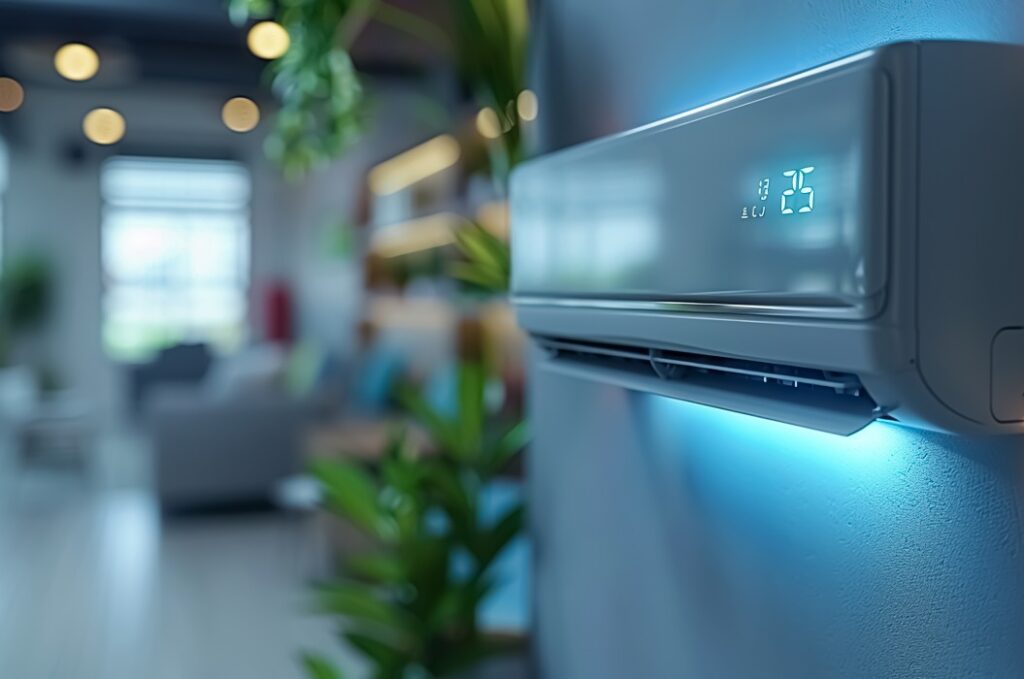 Klimaanlage im Innenbereich, eingeschaltet, Vollbild der Klimaanlage, die an der Wand unter der Decke hängt, Nahaufnahme einer Klimaanlage für Wohngebäude