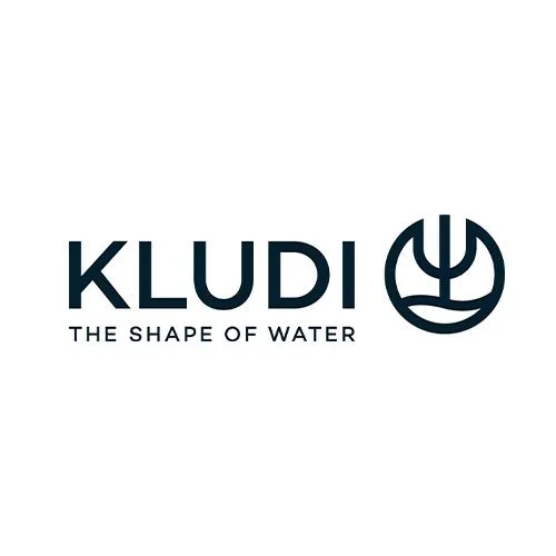 KLUDI Logo in dunklem Blau mit modernem Schriftzug und stilisiertem Wasserzeichen