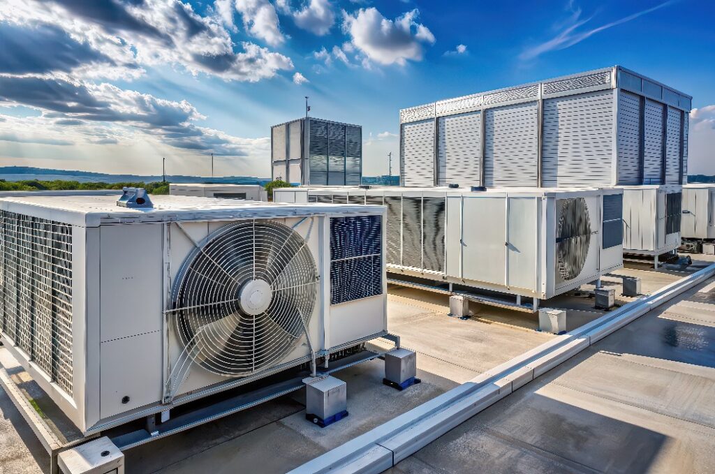 Kommerzielle Klima- und Lüftungsanlagen, die auf dem Dach eines Industriegebäudes installiert sind