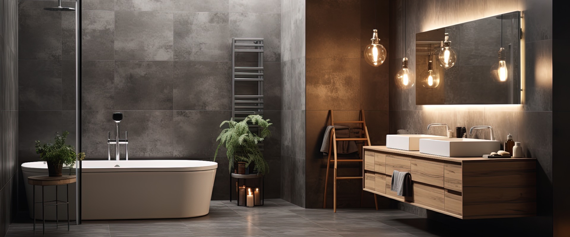 Modernes Badezimmer mit nächtlicher Beleuchtung, Dusche, Badewanne, Spiegel und Waschtisch