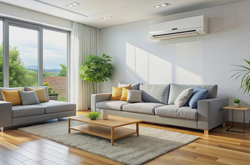 Modernes helles Wohnzimmer mit Klimaanlage, modern, hell, Interieur, Rendering, Zimmer, Wohnzimmer