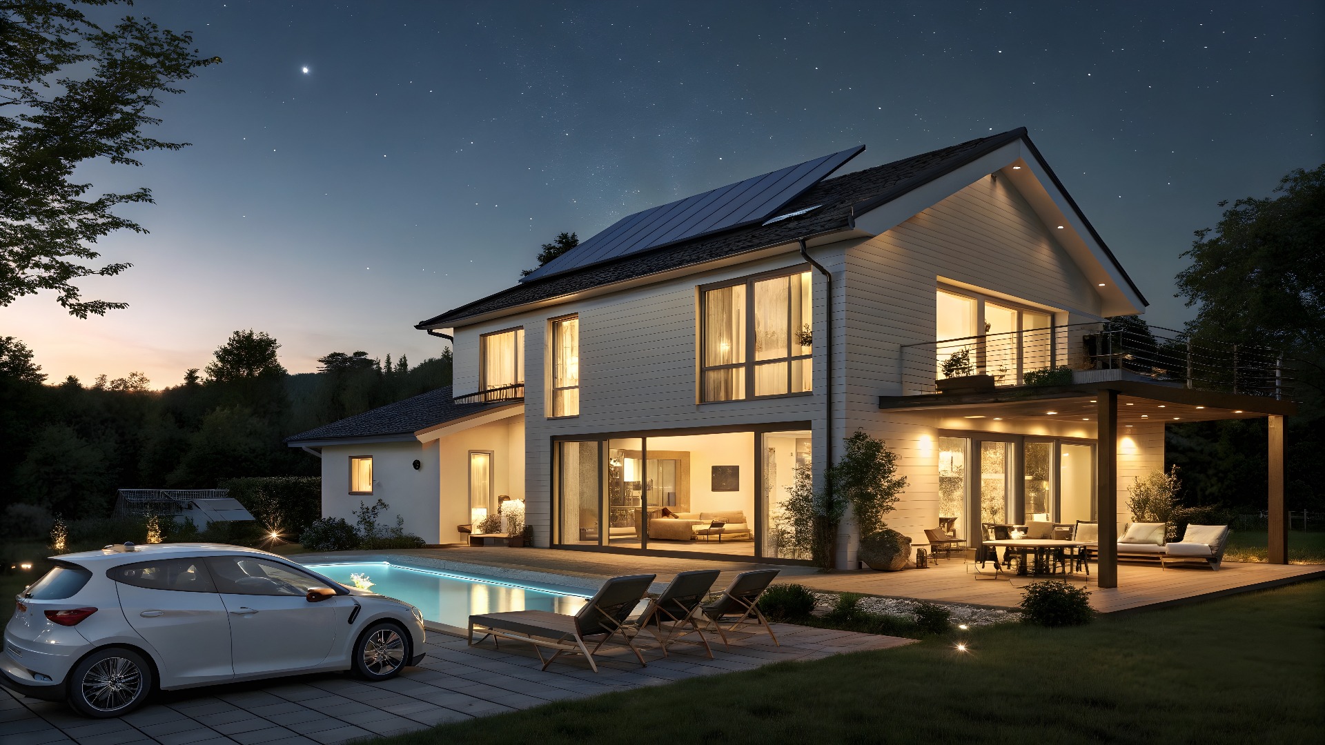 Modernes Luxushaus mit Pool, Sonnenkollektoren und einem Elektroauto bei Nacht
