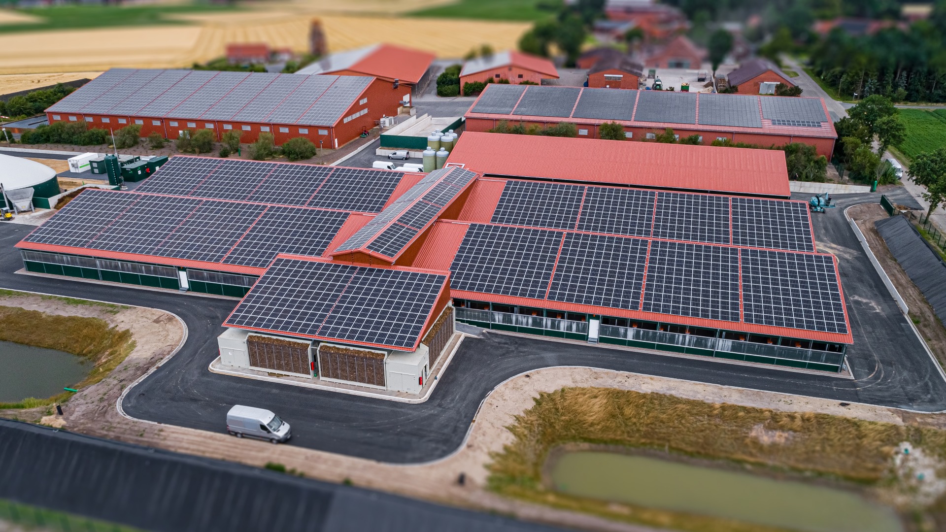 Neue moderne Tierwohl Schweinemastanlage mit umfangreicher Photovoltaik Stromerzeugung und einem großen Luftwäscher im Vordergrund aus der Vogelperspektive.