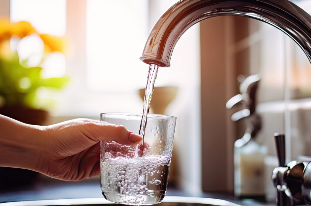 Stillen Sie Ihren Durst: Glastasse gefüllt mit sauberem Wasser aus dem Wasserhahn - Generative AI