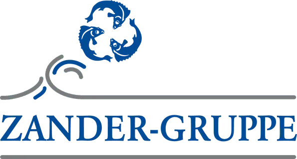 Blaues Zander-Gruppe Logo mit stilisiertem Recyclingzeichen und geschwungenem Detail