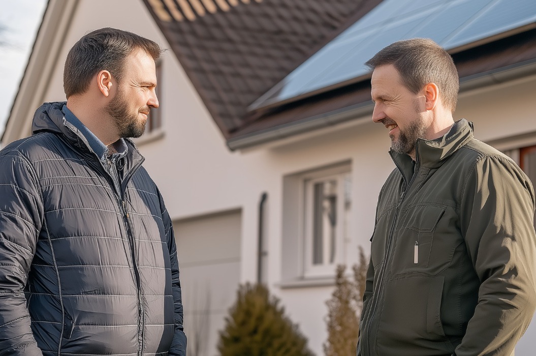 Zwei Männer mittleren Alters im Gespräch vor einem Haus mit Sonnenkollektoren