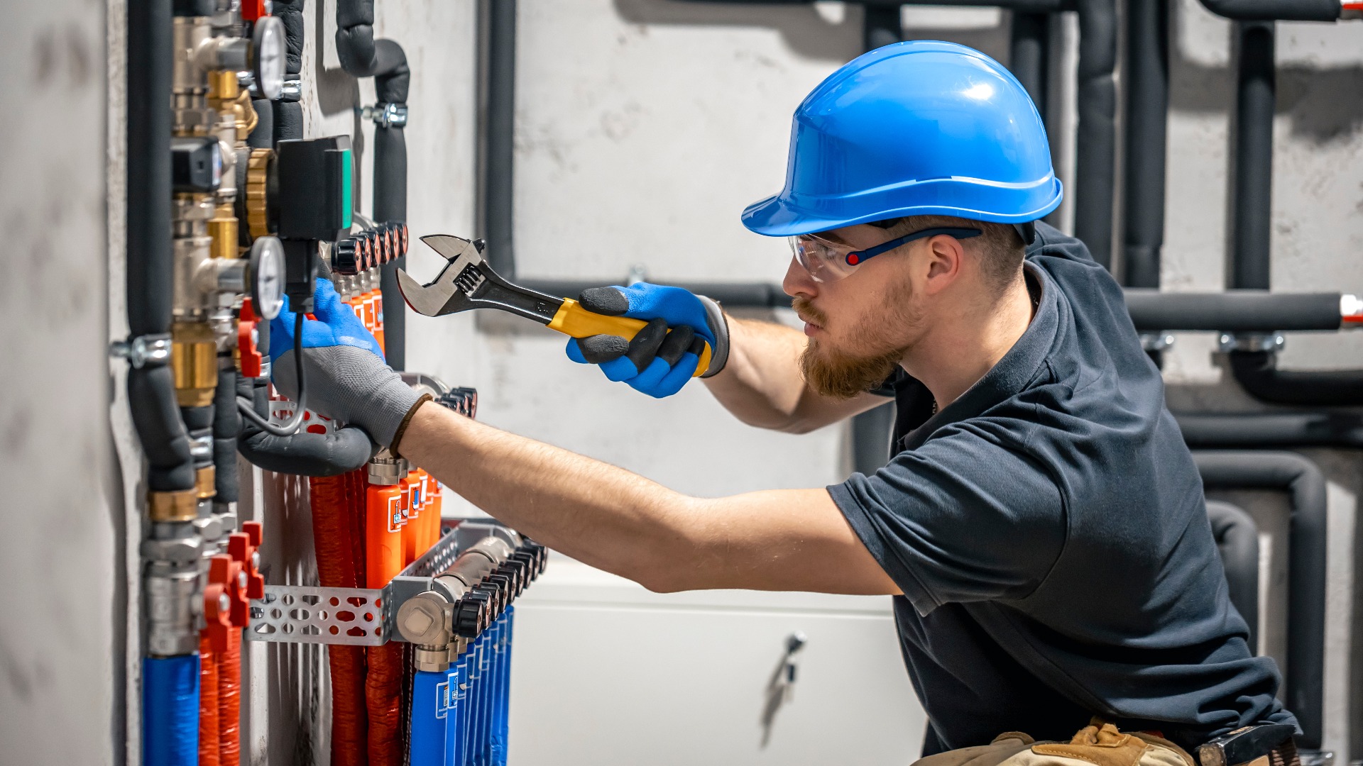 Der Techniker überprüft die Heizungsanlage im Heizungsraum.