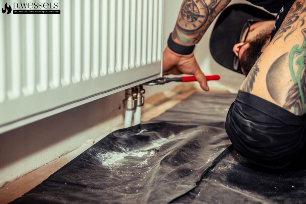 Ein tätowierter Handwerker arbeitet konzentriert und kniend an einer Heizungsleitung